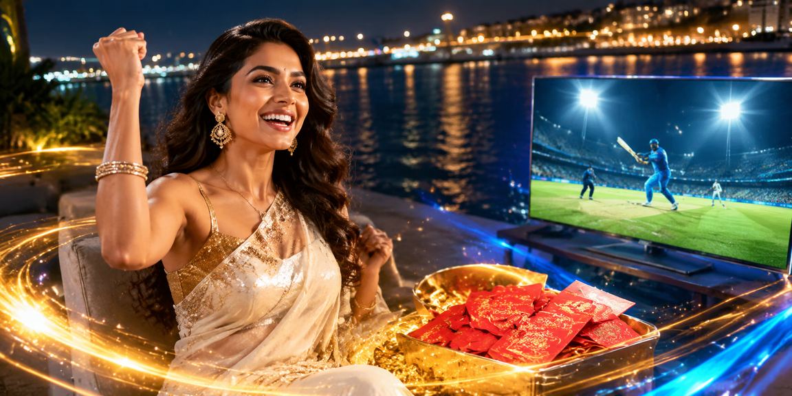 Night-time IPL cricket match in India with vibrant floodlights